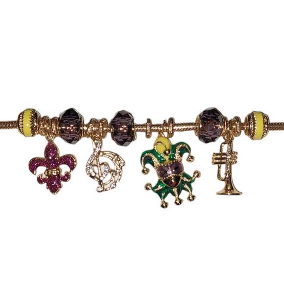 Napier Mardi Gras Charm Bracelet 7.5” Gold Tone Purple Yellow Beads Mask Trumpet - Picture 4 of 6